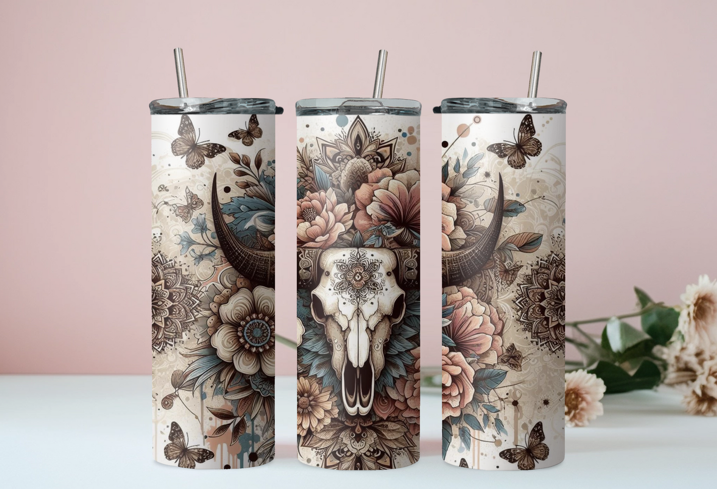 Western Cow Skull Floral Tumbler